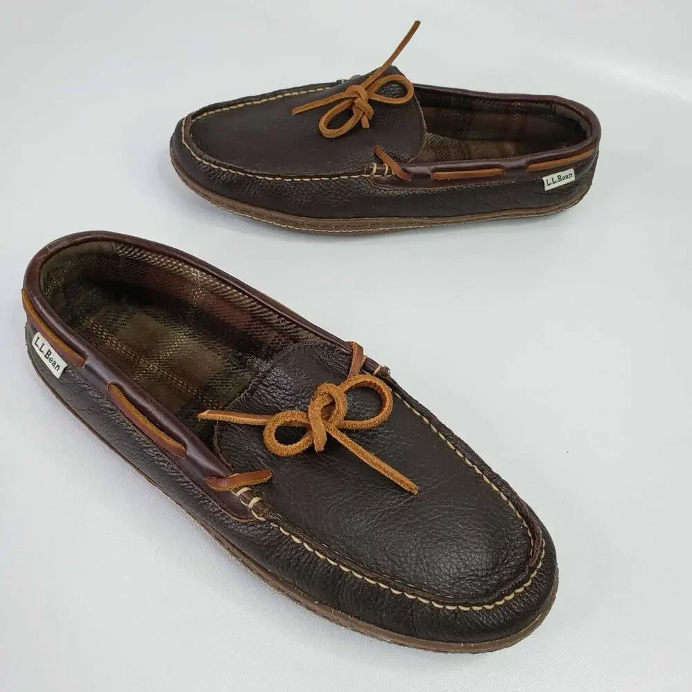LL Bean Leather Slippers Men’s Size 10 Brown Flannel Lined Moccasin Comfort